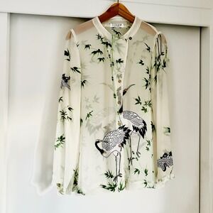 VINTAGE Citron Sheer Crane Bamboo Print Button Up Long‎ Sleeve Blouse Top